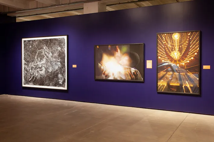 Installation shot of Fantasy America, featuring work by Kambui Olujimi
