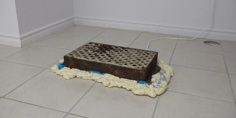 Rehearsal for Crawl Space Expiration, 2018, 19th century foundation vent, insulation foam, installation detritus, single-channel video with sound. 15 minutes, looped © Miles Rufelds
