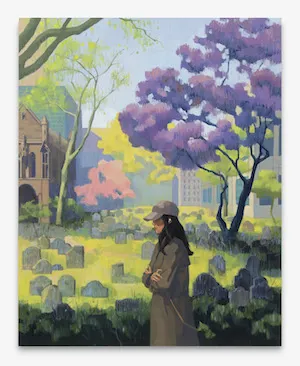 Artwork by Yuri Yuan '21 of a woman in a gray cap and jacket, walking past a graveyard.