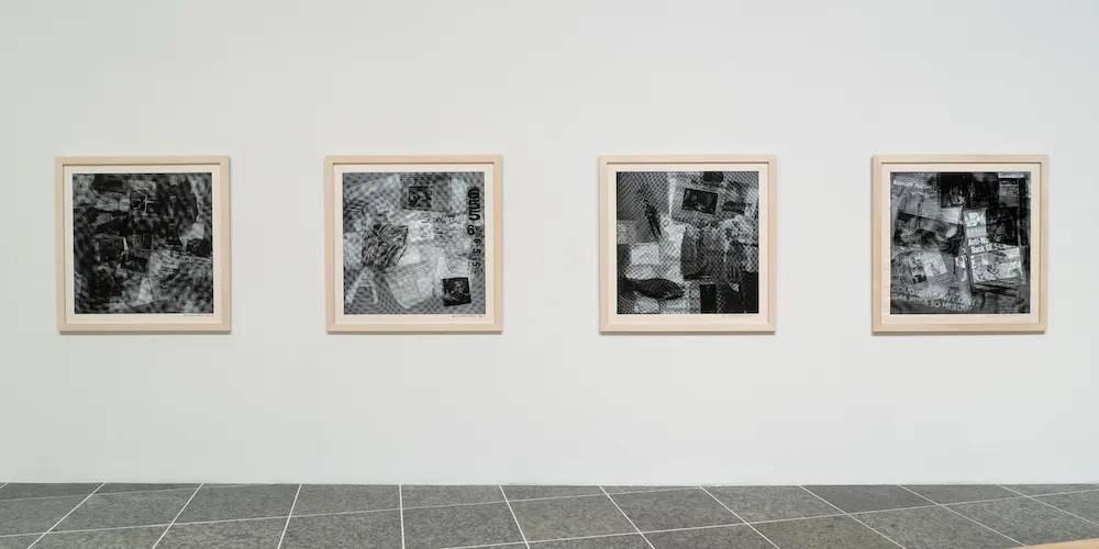 Four artworks displayed on a white gallery wall. 