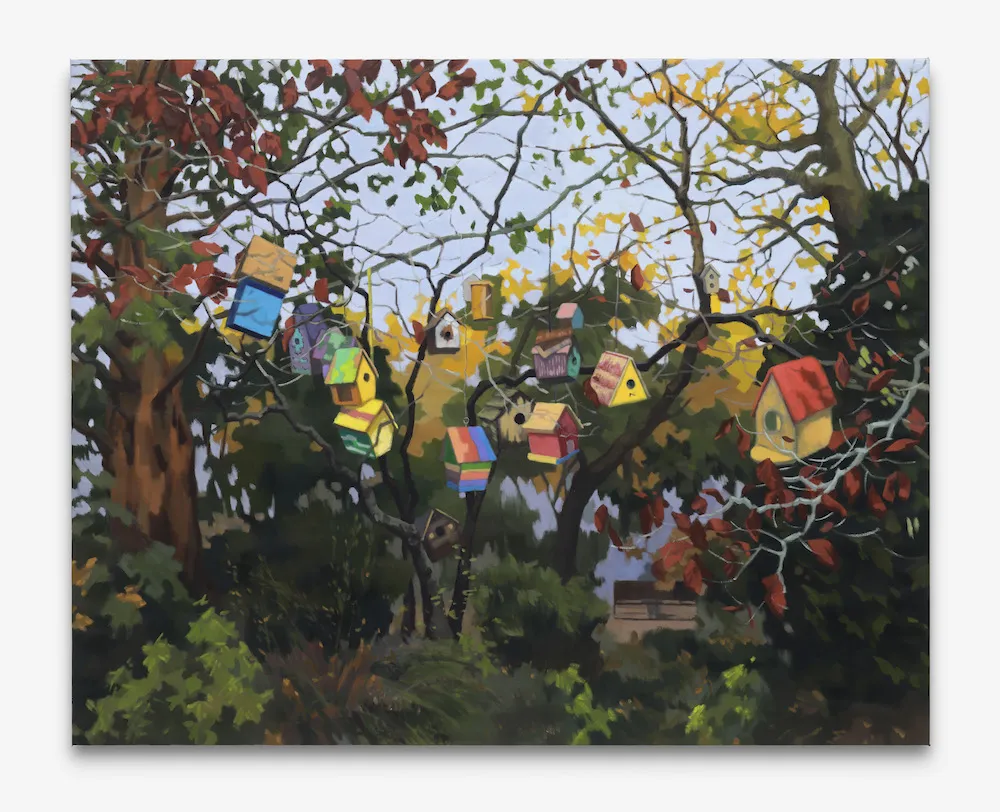 Artwork by Yuri Yuan '21 of birdhouses in a tree.