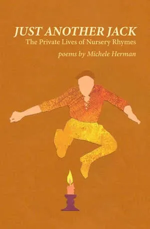 Cover of the book, orange, a cartoon man jumping over a candle