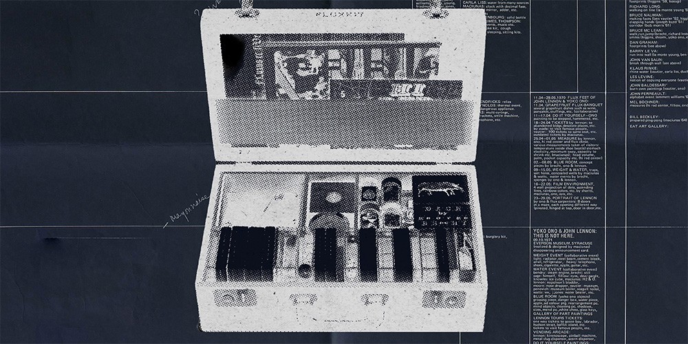 IMAGE: FLUXKIT (1966-67) Saint Louis Art Museum<br>BACKGROUND IMAGE: George Maciunas with Alison Knowles, Diagram of Historical<br>Development of Fluxus, 1973 MoMA drawing of old white briefcase on blue paper