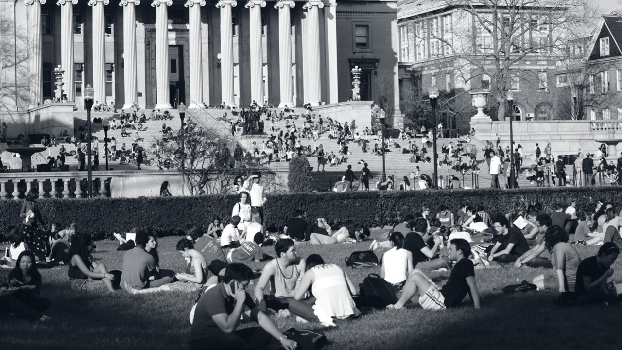 students on columbia's campus quad