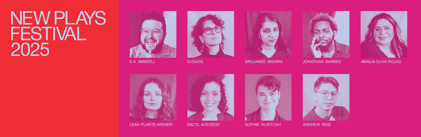 Text: New Plays Festival 2025. A collage of headshots of students participating in the New Plays Festival 2025.