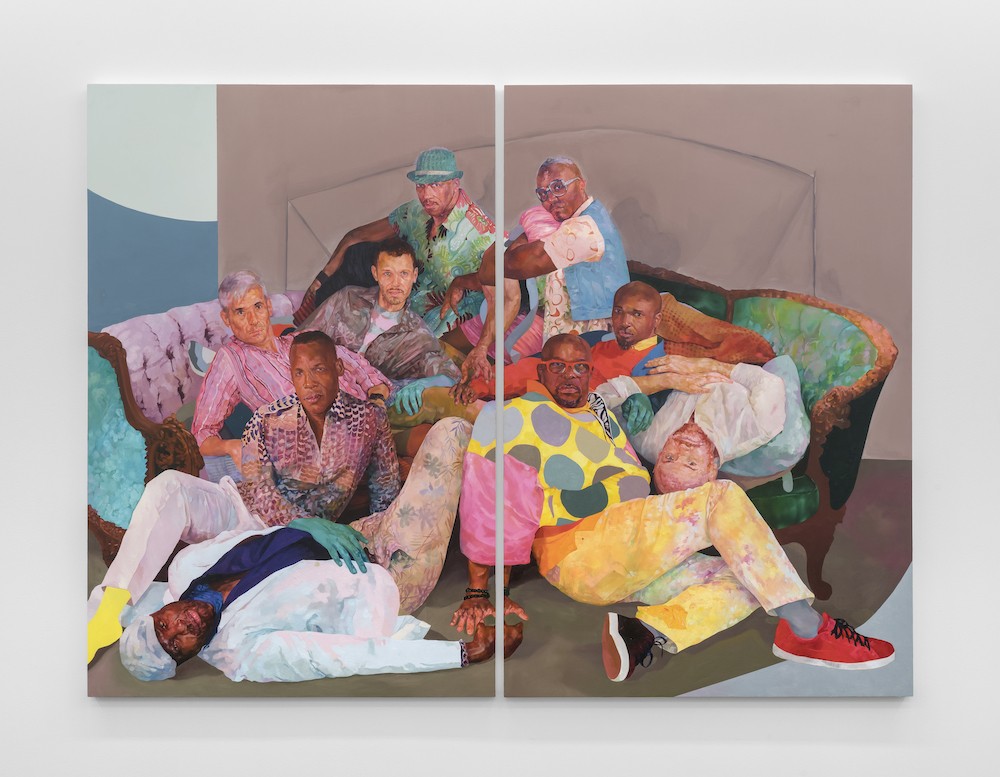 Painting by David Antonio Cruz depicting several people piled on a couch