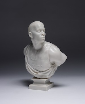 Kehinde Wiley, 'After La Negresse' (10 ¾ x 7 ¾ x 5”, cast marble dust and resin, 2006) A bust of a Black figure in a Lakers jersey