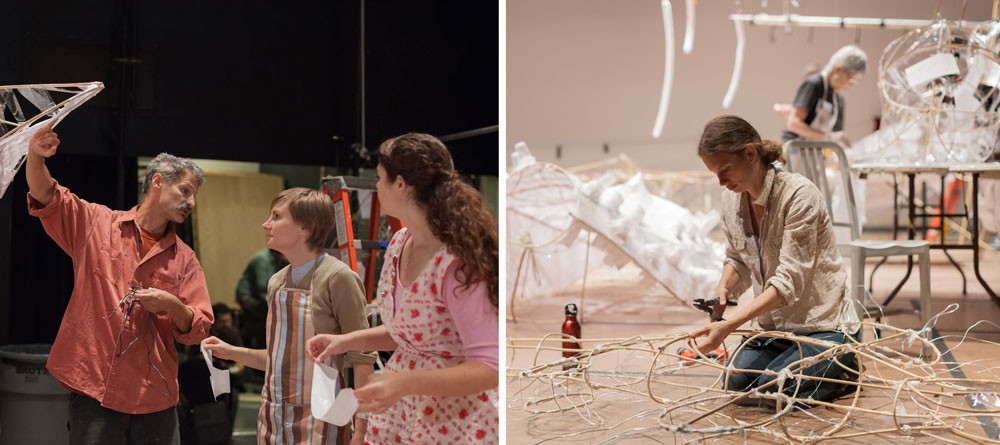 Two side-by-side photographs of people working on creating paper lanterns 