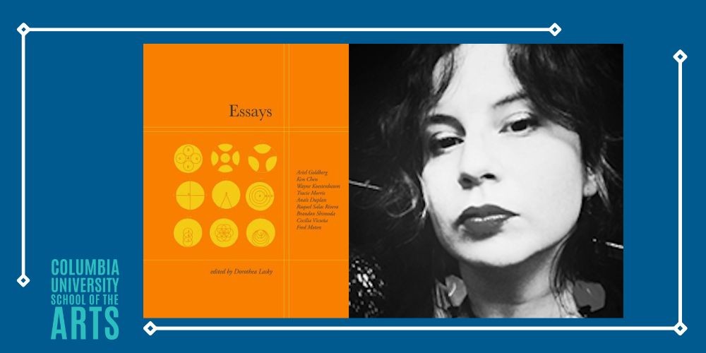 Headshot of Dottie Lasky next to the cover of 'Essays'