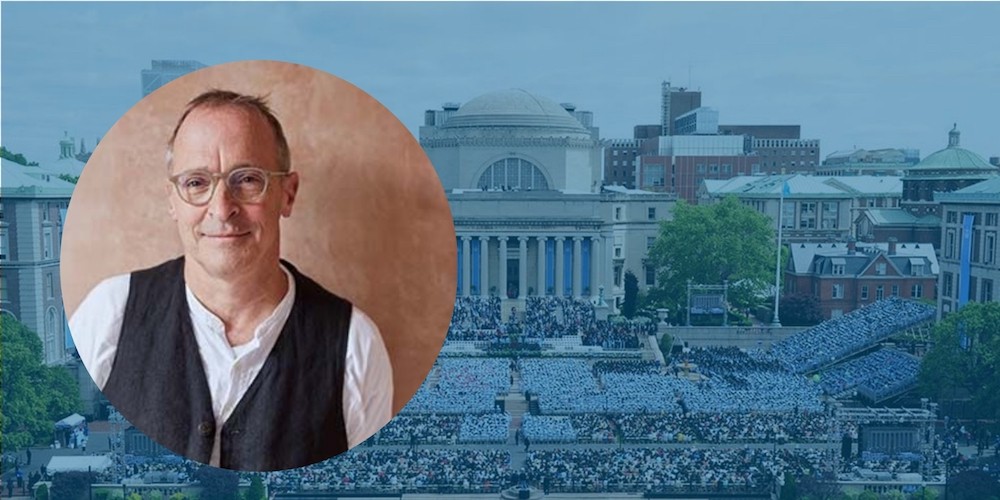 Headshot of David Sedaris superimposed over an image of Columbia campus