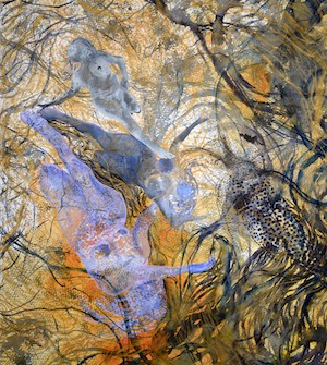 Painting of grey and purple figures swimming in yellow, purple, and black seaweed-like marks. 
