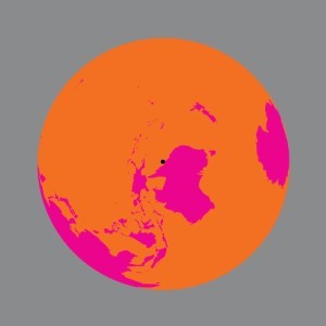 Orange and pink image of the globe centered in Australia.