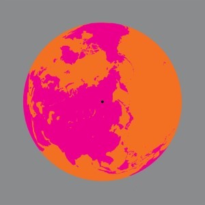 Orange and pink image of the globe centered in Siberia, Rusia.