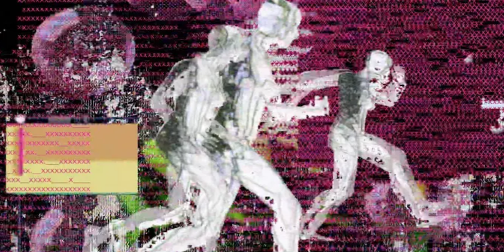 A purple painting with white figures running to the left.