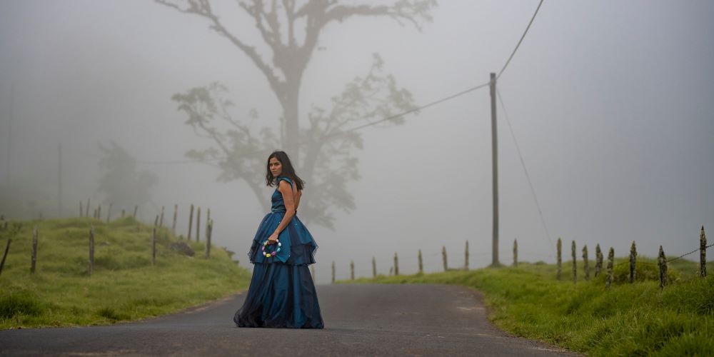 Woman in blue dress standing in foggy, rural street
