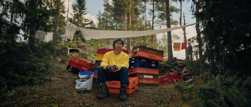 Man seated with many milkcrates in the woods