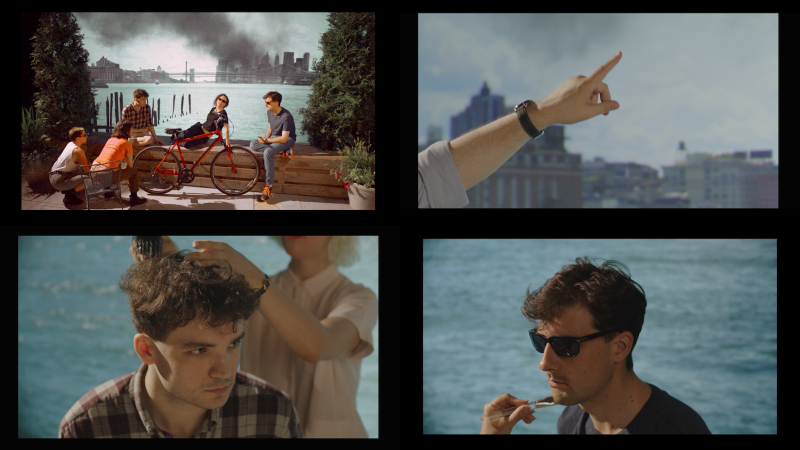 Four panels: (top left) five youths with a river and city in background, (top right) hand pointing with city skyline in background, (bot. left) woman combing young man's hair, (bot. right) man with sunglasses
