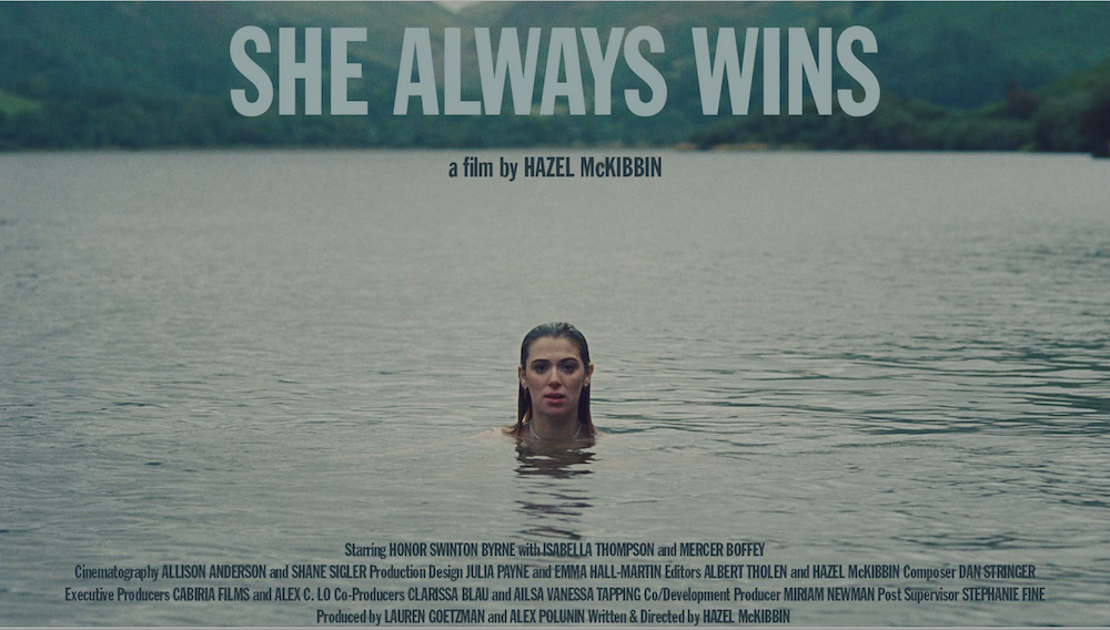 Poster for She Always Wins - a young woman swims in a lake