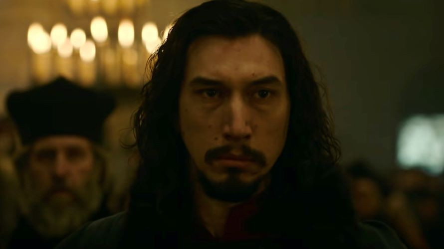 Still from 'The Last Duel' man with long hair and goatee looking forward