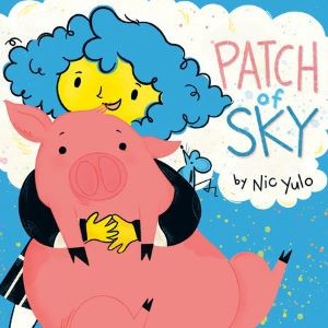 Yulo book cover - child holding pig with clouds in background 