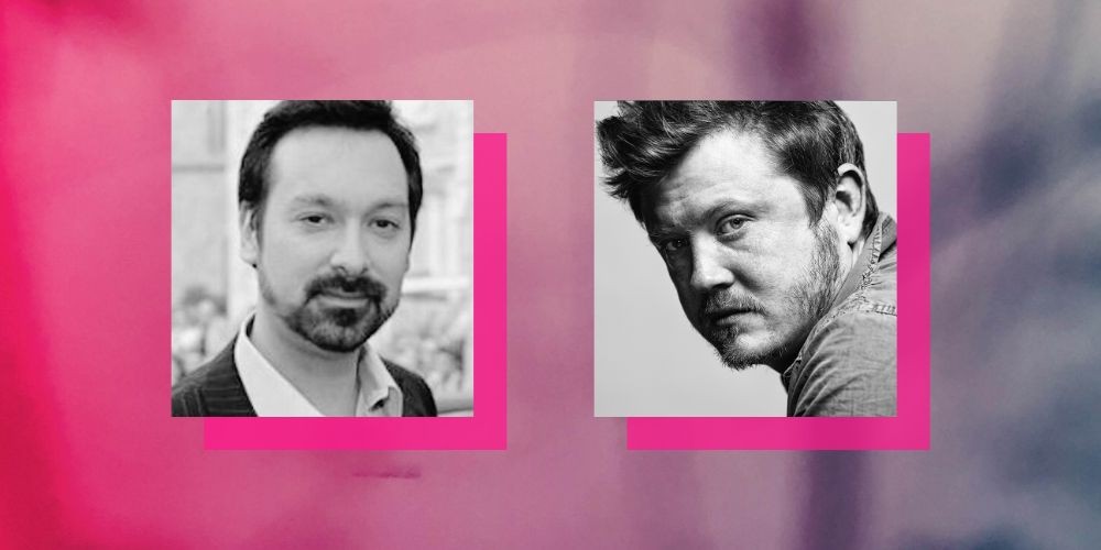 Two black and white headshots of men with a pink boarder. 