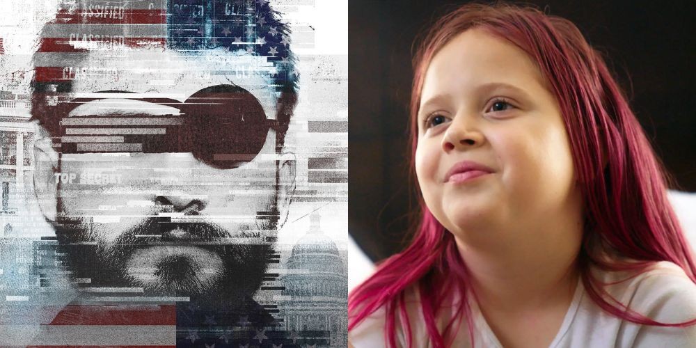 Split image, on the left an artistic rendering of a man's face wearing an eyepatch, on the right, a young girl smiling with mouth closed