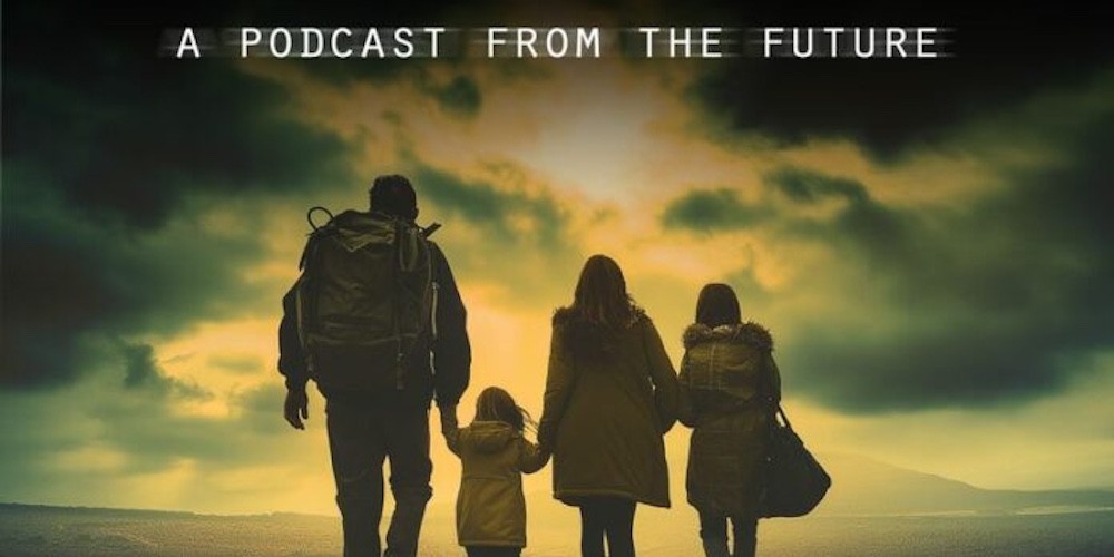 Silhouettes of two adults and two children walking towards neon green and yellow stormy sky.