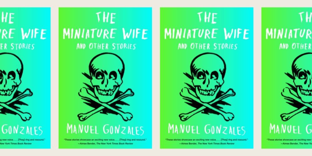 Book cover of "The Miniature Wife" with a skull and crossbones on a green and blue background. 