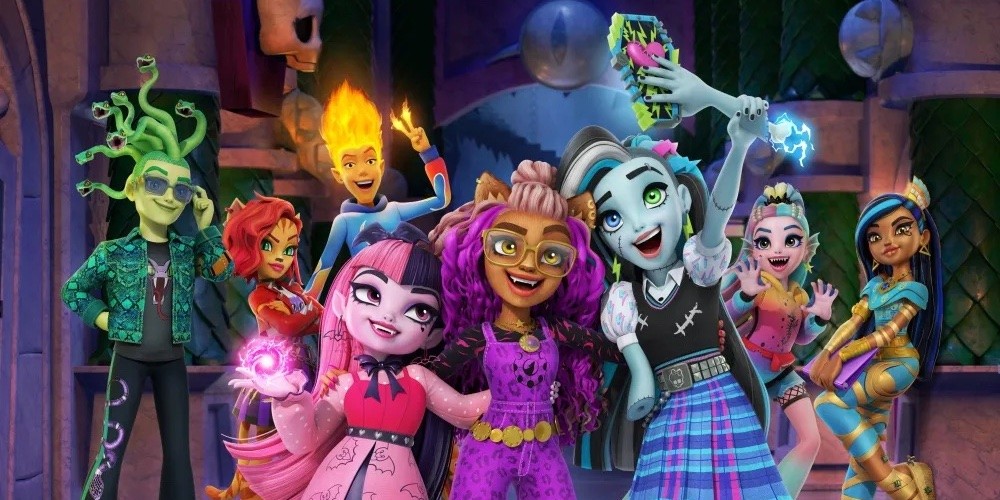 film still from "monster high," animated creatures pose for a picture 