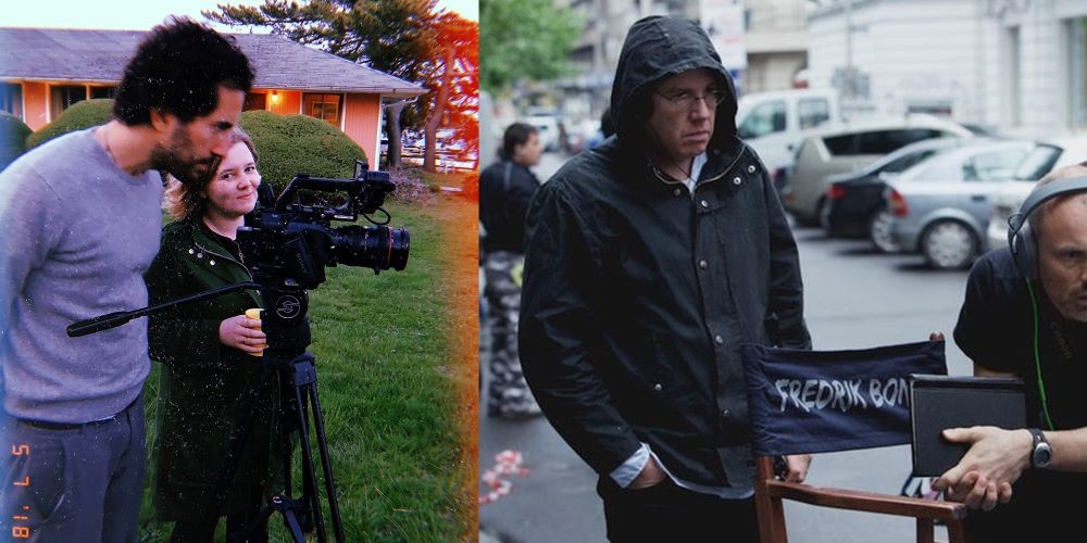 left: camera crew, right: hooded man standing next to director's chair