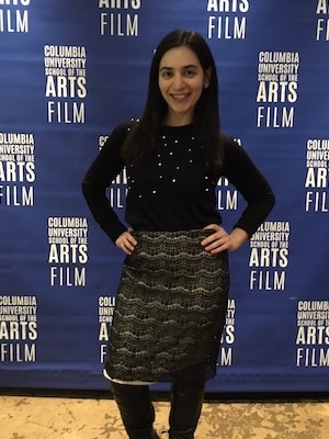 Sarah Congress in front of Columbia School of the Arts Film backdrop