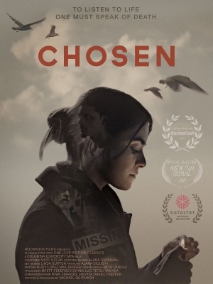 Poster for 'Chosen' a woman lights a lighter and looks down.