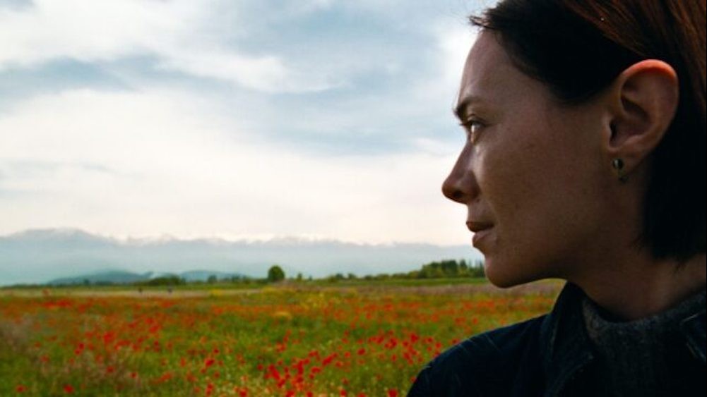 Woman looking onto a field of red flowers. 