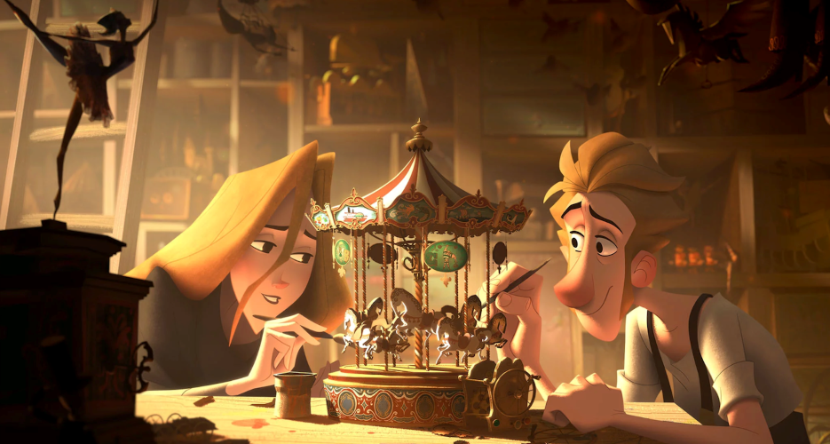 two animated characters painting a toy carousel