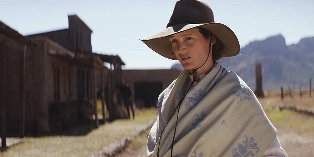 Still from 'The Dead Don't Hurt' associate produced by Christina Wood '20 A woman in a cowboy hat.