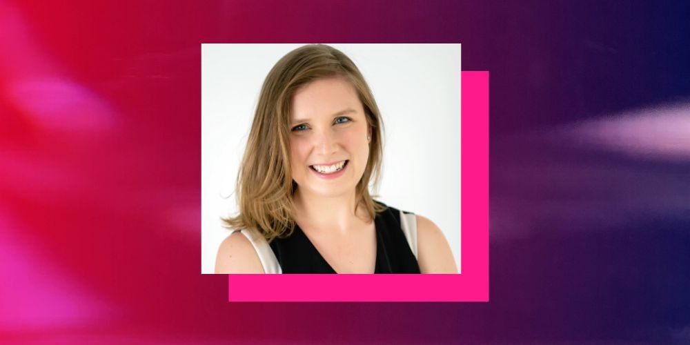 Woman in black sleeveless shirt in a white background with pink and purple frame. 