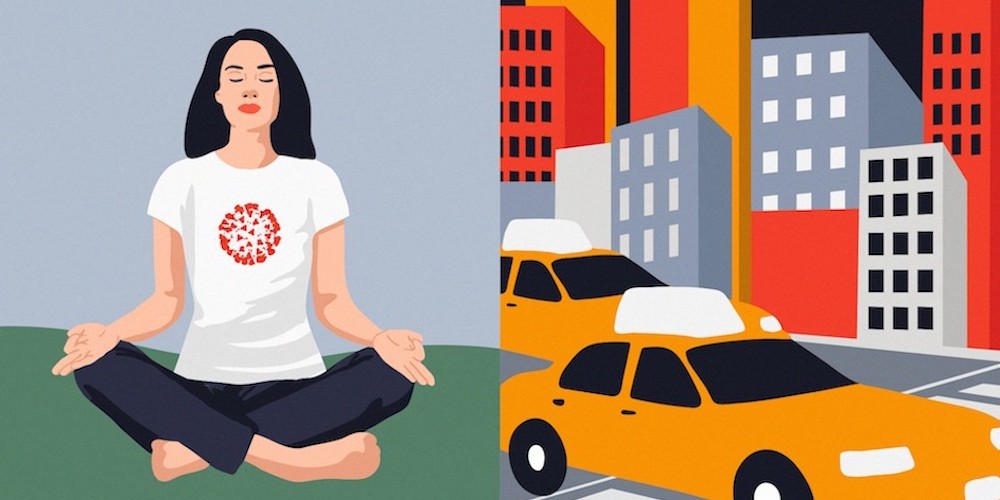 Illustration of woman doing yoga and a taxi