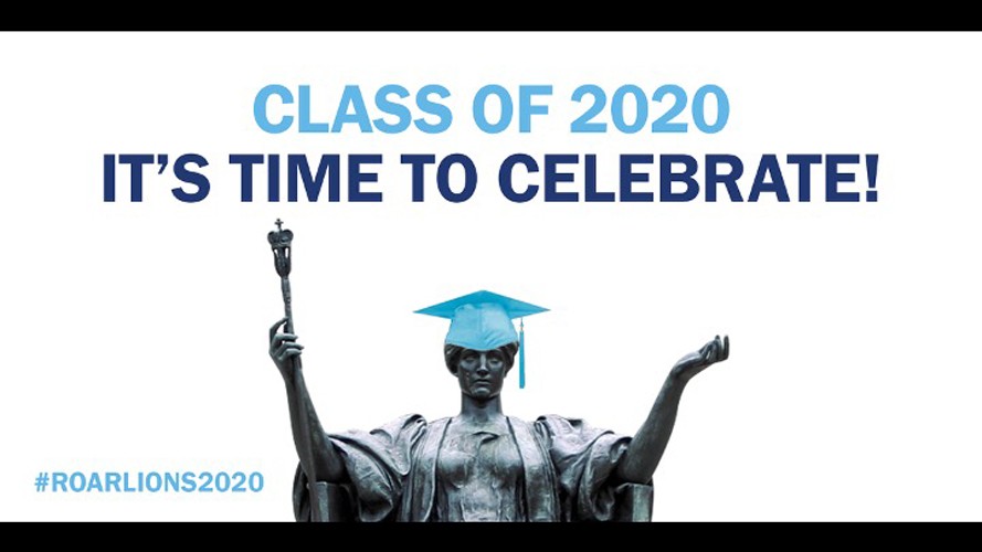 A graphic of Alma Mater wearing a graduation cap. The text says 'Class of 2020 It's time to celebrate'