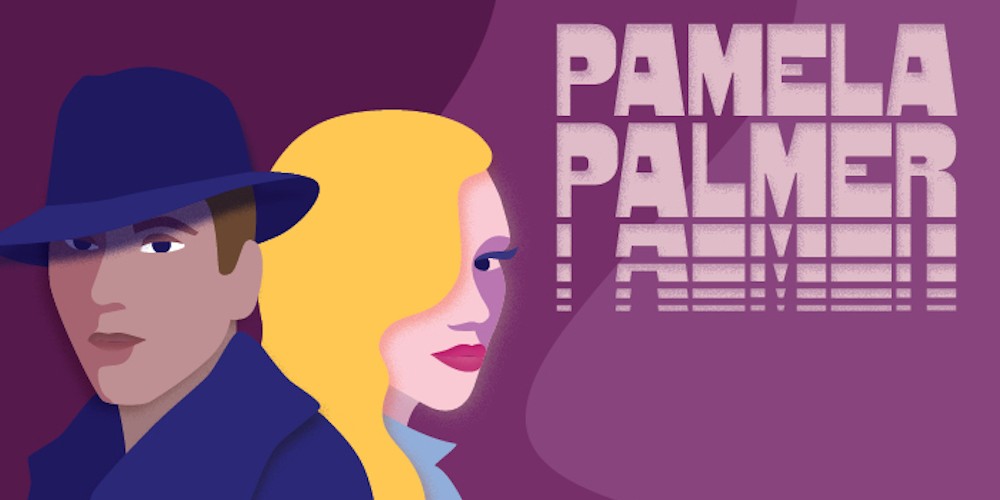 Illustration of man with blue hat and suit and woman with blond hair covering one eye on a purple background with the show title on the right. 
