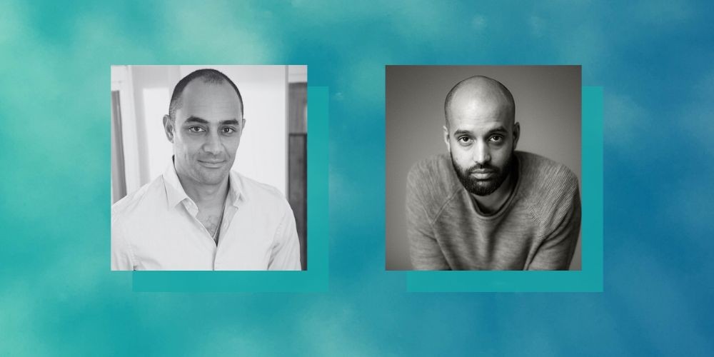Two black and white headshots of men on a turquoise background. 
