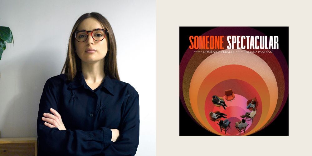 Headshot of Tatiana Pandiani next to a poster for Someone Spectacular