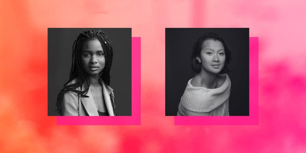 Headshots of two women on a pink background