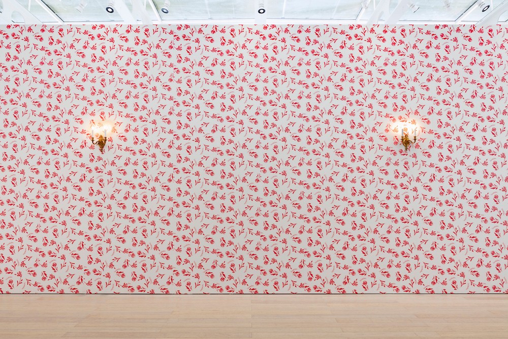Sophie Kovel, 'Too heavy for your sidewalk,' (Floral wrapping paper, two sconce replicas of fixtures at the Metropolitan Republican Club, New York, dimensions variable. 2022. )