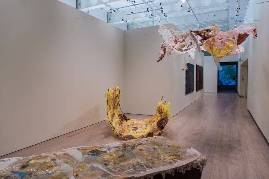 Noga Cohen '21 (left), Yuri Yuan '21 (middle), and Rasel Ahmed '21 (right) art in exhibition