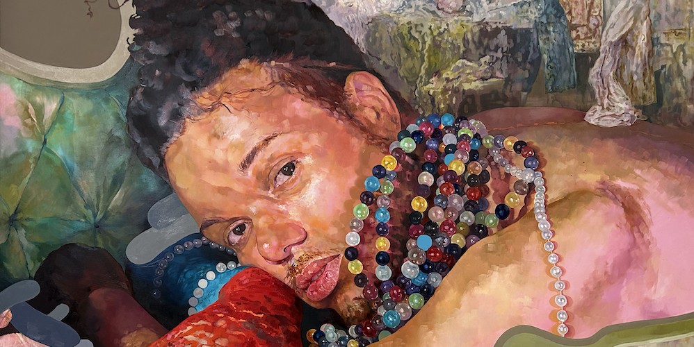 Painting by David Antonio Cruz depicting a person draped in colorful beads