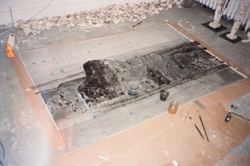Gad working on a painting for a cyanotype among the oyster shells in her studio in Prentis Hall this past spring