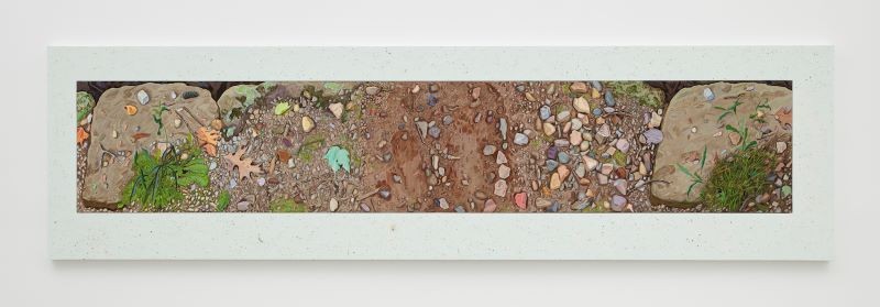 'Ground Panorama, Boundary Marker,' 2019, Gouache and site material on panel, 36 x 132 inches
