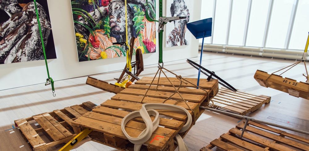 Work by Juan Hernández Diáz '21 (front) and Khari Turner '21 (back) Art in exhibit