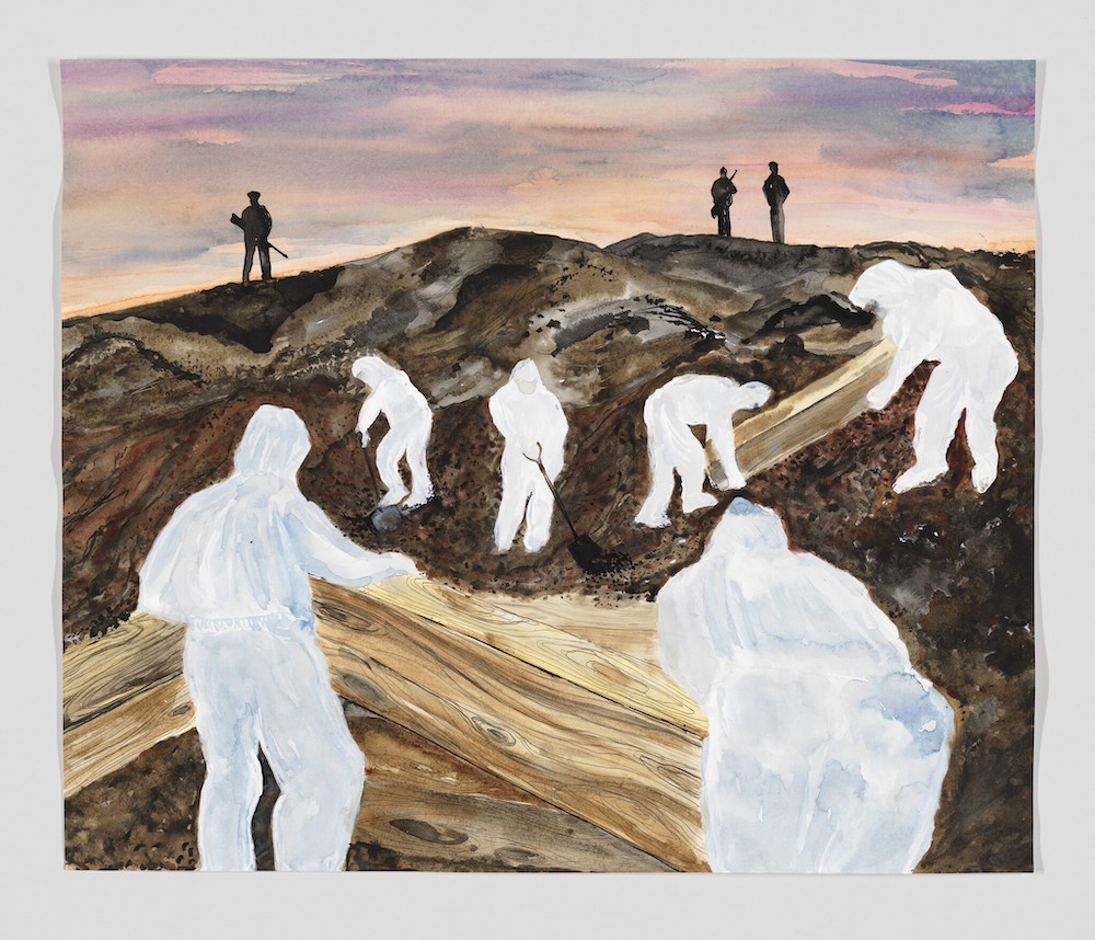 In Your King is on Fire (14” x 11,” watercolor and graphite on paper, 2020), a three-part series that depicts a political figure standing erect on an imperial podium, the solitary figure is increasingly engulfed by white, then blue, then orange and maroon flames.    Beside this work hangs Hart Island Crew (23 ½” × 28 ⅛,” watercolor, ink, and graphite pencil on paper, 2020), in which hazmat suited figures arrange wooden coffins into graves while three armed officers stand perched on a hill above. Behind them