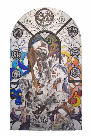 Khari Turner '21, 'Beginning and End' (84” x 48,” acrylic, oil, ink, charcoal, sand, shell, water from oceans, lakes and rivers with personal and historical connections to Black history, 2023). Courtesy of Red Arrow Gallery
